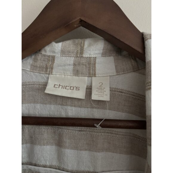 Chico's Womens Large Tan Striped Linen Cotton Blend Blazer Jacket Single-Button - Picture 2 of 14